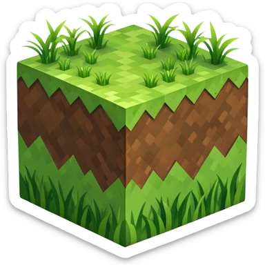 Minecraft grass block, square shape, brown and green, smooth, isometric sticker
