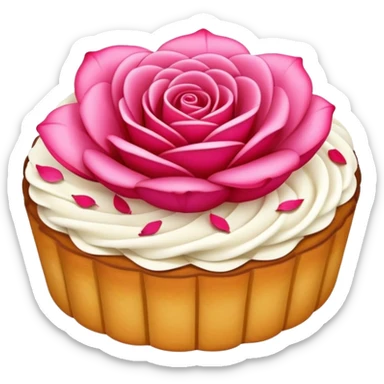 Yunnan Rose Cake with visible flower petals in pastry, simplified emoji style with bold outlines and bright colors, cartoon style floral sweet snack sticker