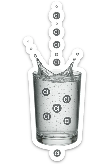 un bicchiere di acqua cade verticalmente dall'alto realistico e dettagliato, dentro l'acqua del bicchiere ci sono particelle di cloro ben visibili con la scritta "Cl" sopra, ci sono particelle anche che escono dal bicchiere e fluttuano in aria verticalmente, mentre alcune sono all'interno dell'acqua nel bicchiere, iperrealistico 4k sticker