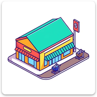 Isometric grocery store with shoppers, food shelves, and checkout area sticker