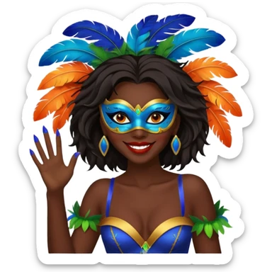 i need the same girl in "dark skin girl, dark red lipstick, nails very beautiful" to be smiling in "carnival mas costume, blue, green and orange preferably, full costume feathers at the back" she is to be smiling, hair should be dark shoulder length, black nail polish on her fingers  sticker