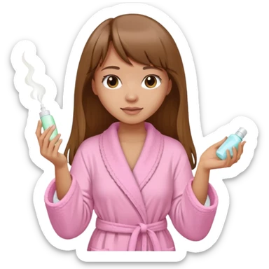 a girl with light skin and medium brown long hair with bangs who is applying lotion to her body show her whole body in a light pink bathrobe  sticker