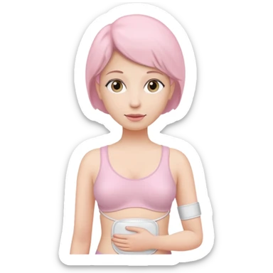  a woman, mid 60, wearing an ostomy bag sticker