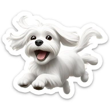 Pixar-style Maltese dog joyfully jumping in mid-air, with a playful expression and motion lines emphasizing its movement, set against a minimalistic background, emoji-style. sticker