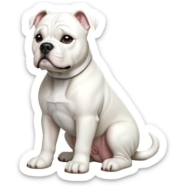 cinematic-[solid white american bulldog]-realistic-full-body-sitting-emoji,-tail-resting-loosely-beside-its-paws,-head-tilted-dramatically,-sleek-[solid white]-fur,-simplified-yet-realistic-focused-features,-highly-detailed,-glowing-with-an-almost-sarcastic-glow sticker