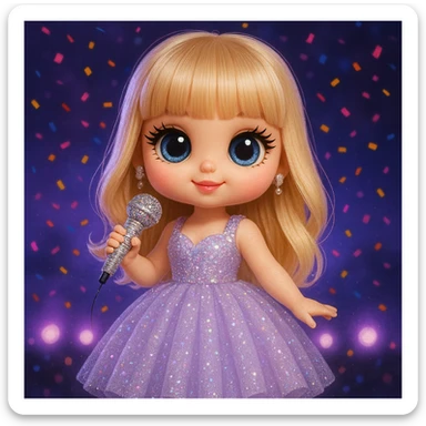 Pretty and girly Blonde pop star with bangs wearing a sparkly tulle light purple ballgown, holding a bedazzled microphone, reimagined as a cute doll, with a nighttime concert backdrop with colorful confetti sticker