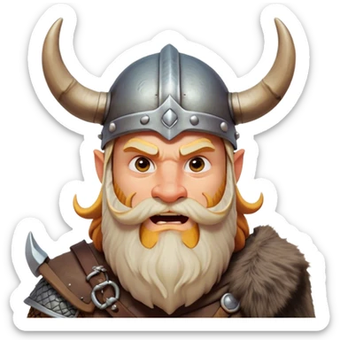 Clash of Clans aesthetic: Cinematic Comical Viking Portrait Emoji, Head tilted dramatically with an exaggerated, fun expression and wide, comically expressive eyes, featuring a rugged yet cartoonish build with a quirky Viking helmet with oversized horns and a playful beard, his face rendered in natural skin tone, Simplified yet hilariously expressive features, highly detailed, glowing with a slightly sassy, vibrant radiance, high shine, dramatic yet playful, stylized with an air of cheeky Nordic mischief, soft glowing outline, capturing the essence of a meme-worthy Viking bringing humor to epic adventures! sticker
