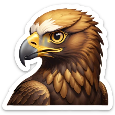 Cinematic Noble Golden Eagle Portrait Emoji, Poised and majestic, with a powerful, broad build, regal hooked beak, and piercing, intense eyes set against richly golden-brown plumage, Simplified yet sharp and sophisticated features, highly detailed, glowing with a soft, amber radiance, high shine, intelligent and commanding, stylized with an air of aerial supremacy, focused and determined, soft glowing outline, capturing the essence of a watchful and confident golden eagle that appears ready to soar out of the screen with effortless authority! sticker