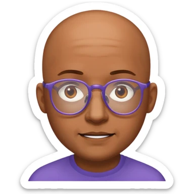 expressive Twitch emote of a cartoon-style character in an emoji-like art style. Bright colors, outlined, transparent background. Use the following face: male person in their early 30s, brown skin, bald, with glasses and a gentle face. sticker