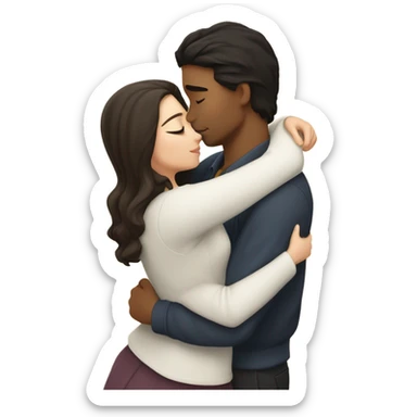 A pale half Asian man with short dark hair and amber eyes embracing and loving a white woman with long wavy brunette hair and dark hazel eyes. They love each other a lot And have good fashion taste and are hugging each other tight  sticker