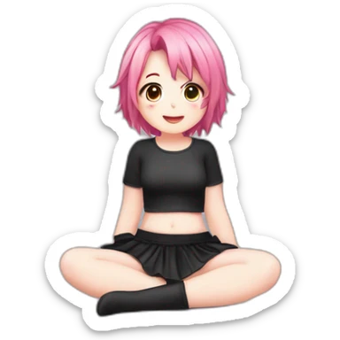 Full body Front view curvy emo girl pink hair sits on the floor straight view hands up black skirt белые трусики полосатые рваные чулки sticker
