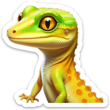 Cinematic Noble Gecko Portrait Emoji, Poised and sleek, with a compact, agile body adorned with textured, mottled scales and luminous, alert eyes accentuated by delicate toe pads and subtle patterning, Simplified yet sharp and sophisticated features, highly detailed, glowing with a soft, ambient jungle glow, high shine, intelligent and vigilant, stylized with an air of exotic elegance, focused and precise, soft glowing outline, capturing the essence of a watchful reptilian guardian that seems ready to scamper out of the screen with effortless agility! sticker