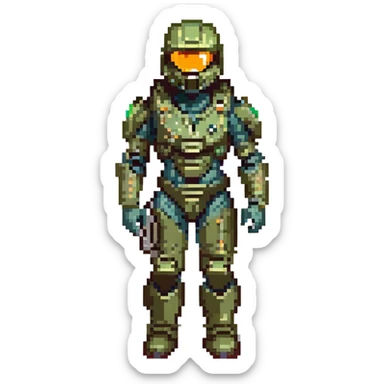Master Chief, Halo series, visor glowing, battle-worn armor, standing ready, sci-fi background, pixel art style sticker