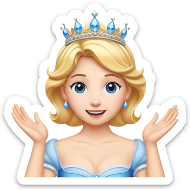 Cinematic Playful Cinderella Portrait Emoji, Blushing with excitement, hands clasped near her heart, eyes wide with anticipation, her tiara slightly askew from an unexpected twirl, a radiant princess caught in a moment of joy, utterly captivating! sticker