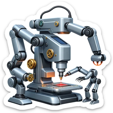 An icon featuring a giant robotic machine welding a large microchip with a laser, using two robotic arms. The design includes circuit boards, gears, and technical schematics, symbolizing advanced engineering and automation. Transparent background highlights the fusion of technology sticker
