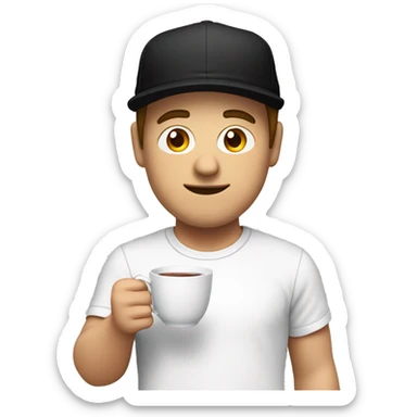 White Men using a black cap with white shirt, and holding a tea-cup with one hands I front of him  sticker