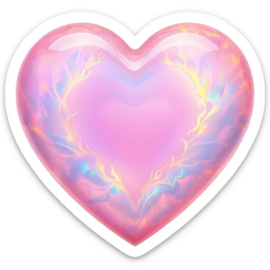 Heart-shaped pink opal gemstone with holographic fire patterns inside sticker