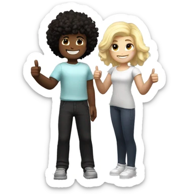 A black, curly dark-haired Roblox girl and a white-skinned, blonde-haired Roblox boy standing together. Both of them giving a thumbs up and smiling sticker