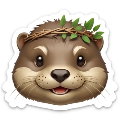 anthropomorphic smiling otter face in three-quarter profile view with simple thorny stem wrapped horizontally around its forehead like Jesus Christ's Crown of thorns, more human-like features, expressive eyes, human-like expressions, Apple emoji style, glossy finish sticker