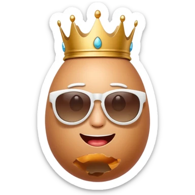 a funny, proud cartoon-style egg character wearing sunglasses and a small broken crown, solid orange background. sticker