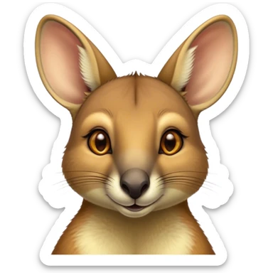 Cinematic Noble Wallaby Portrait Emoji, Poised and regal, with a compact, agile build and a soft, well-groomed fur of warm tan and light brown hues, deep-set soulful amber eyes and perky ears, Simplified yet sharp and sophisticated features, highly detailed, glowing with a soft, dignified glow, high shine, intelligent and spry, stylized with an air of bushland elegance, focused and attentive, soft glowing outline, capturing the essence of a watchful and confident marsupial, so majestic it feels as though it could hop out of the screen with effortless authority! sticker
