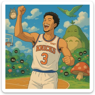 Josh Hart celebrating on the court in a Knicks jersey, surrounded by fantastical elements, Ghibli style sticker