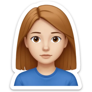 young brawn-eyed woman with straight hair with a blue t-shirt with  sticker