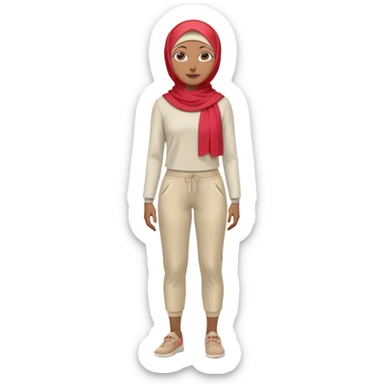 woman with medium-brown skin wearing a light red hijab, cream top, light red pants, tan shoes, and a visible gray below-knee hook-shaped prosthetic leg. Standing confidently with one hand on her hip sticker