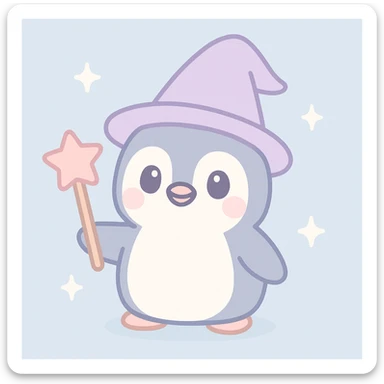 a penguin dressed as a wizard, with a pointy hat and a magic staff, in a fun and whimsical style sticker