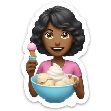 A mid age woman with black hair eating ice cream sticker