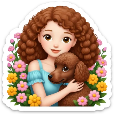 A beautiful girl happily hugs a brown poodle in the flowers sticker