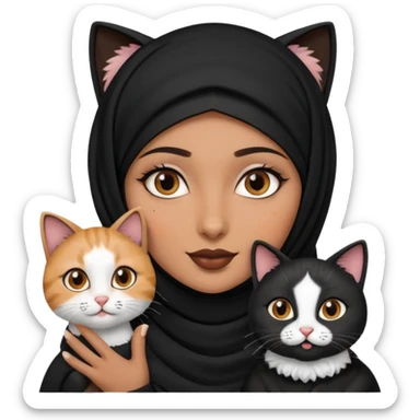 A Arabic woman human with brown eyes and black hijab. , the human is a human no cat ears, two cats, the both cats have the colour black and white in the same colour,   sticker
