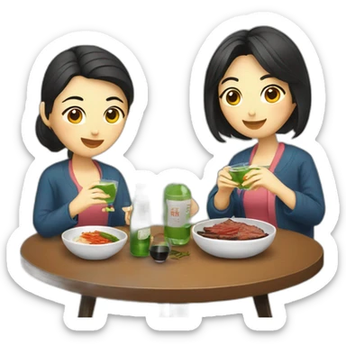 An Asian couple eating Korean bbq and drinking soju sticker