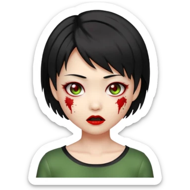 cute Asian zombie girl emoji with Ada Wong hairstyle, short black hair, green skin, red eyes, subtle stitches, playful expression sticker