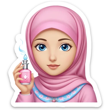 Turkish beautiful finish Konya girl blue eyes with light sakura and pink hijab islamic dress and She's wearing perfume sticker