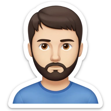 Caucasian man with straight dark brown hair styled loose with fringe, short full beard, neutral serious expression, simple blue shirt sticker