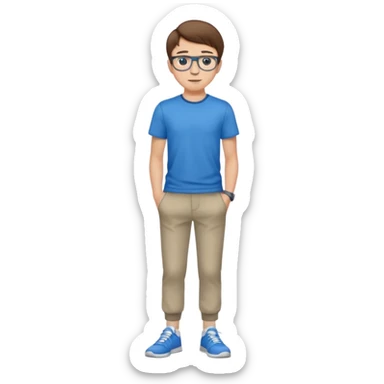 jeune homme l'air cool taille moyenne corpulence maigre cheveux chatain court yeux bleus lunettes photo de pieds en pantalon  sticker