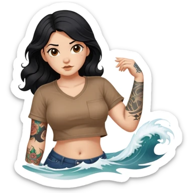 A girl with fair skin and a little fat - long black hair with big waves - tattoos on her arms - wearing a brown navel-revealing short-sleeved shirt sticker