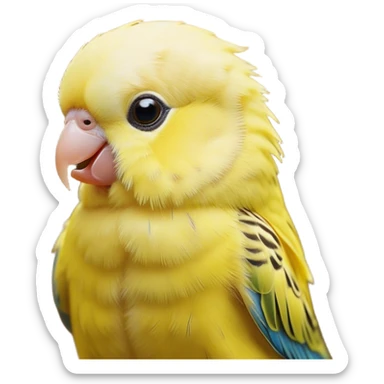 Cinematic Cute Yellow Budgie Portrait Emoji, Head tilted playfully and inquisitively, featuring a radiant yellow feathered fur with a natural sheen, round, sparkling dark eyes filled with curiosity, Simplified yet irresistibly adorable features, highly detailed, glowing with a warm, friendly glow, high shine, affectionate and lively, stylized with a touch of whimsy, bright and endearing, soft glowing outline, capturing the essence of a mischievous yet loving budgie, so playful it feels like it could chirp out of the screen and into your arms! sticker