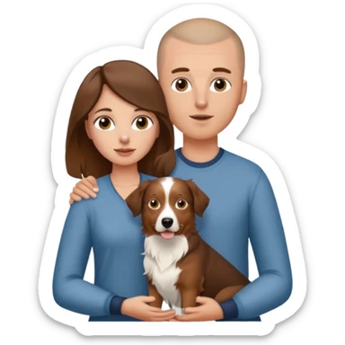 Man with shaved head holding woman with long brown hair and one Aussie dog sticker