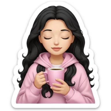 hispanic woman, black long wavy hair , closed eyes, feminine face, holding soft pink coffee cup wearing white Hoodie with pink blanket over shoulders sticker
