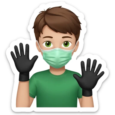 Chico de pelo marrón y ojos verdes, con un cubre boca, que tiene una camisa verde por encima de una remera blanca, y tiene un guante negro en una sola de las manos. Estilo animado sticker