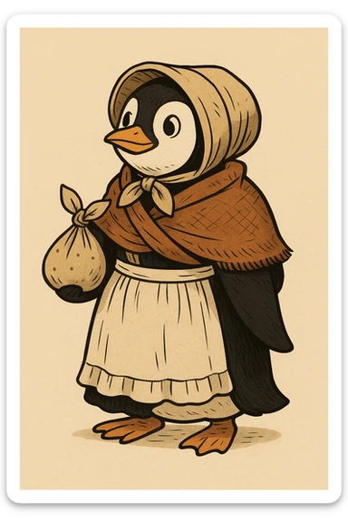 a cartoon penguin wearing 1800s pioneer attire, with a shawl and apron, carrying a small bundle, plain background sticker