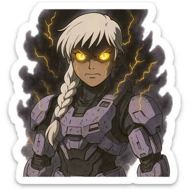 female, wearing reach spartan armor shoulder-unequip, long white braid hair with massive messy front side single bangs, gold yellow eyes, attention pose, D-cup size, HALO:series, no helmet, the armor is lavender color scheme, eyes glowing, demon eye, gleam, rage aura, body steaming dark gray, gold electricity, mouth clowed scowling sticker