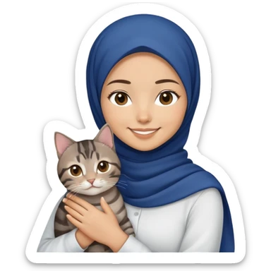 Asian white Girl wearing dark blue hijab with white shirt smiling while holding a black brown grey tabby cat sticker