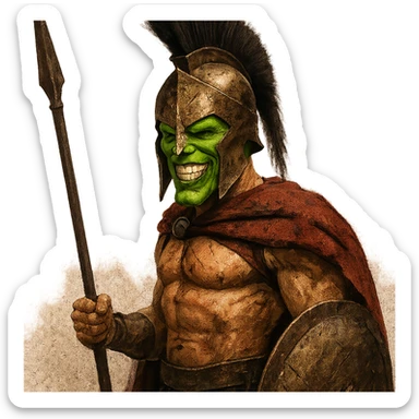 the mask character from 'The Mask' as a Spartan soldier with helmet and armor, in the style of '300' sticker