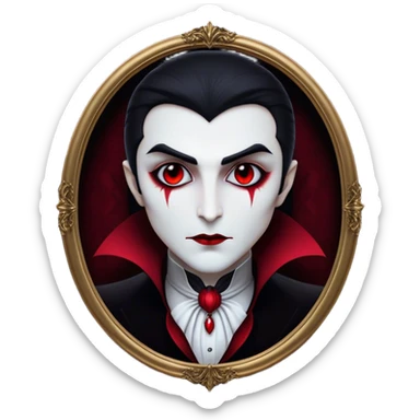 Cinematic Noble Vampire Portrait Emoji, Elegant and commanding, with a refined, pale visage framed by dark, velvet accents and a hint of crimson, exuding timeless seduction and dangerous allure, simplified yet exquisitely detailed, glowing with a soft nocturnal radiance and a subtle, mysterious outline that captures the regal spirit of an immortal lord of the night! sticker