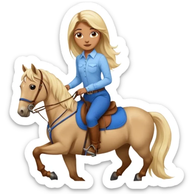 Brown girl with very long blonde hair wearing a cream colored; collared long sleeve shirt and blue riding pants with brown boots on top of a brown horse with 4 legs sticker