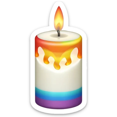 white candle with a rainbow flame sticker