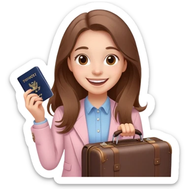 Excited smiling sweetly Girl with long brown hair with a suitcase, ready for travel, passport in hand and many butterflies around pale pink  sticker